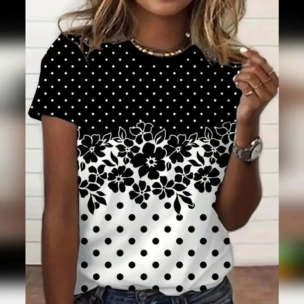Black White Floral Polka Dot Patterned T-Shirt Sophisticated Chic - Sz 14